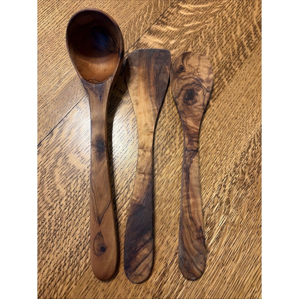 Olive Wood Kitchen Utensil Set of 3 Handcrafted Spoon Ladle Spatula Cooking 12"